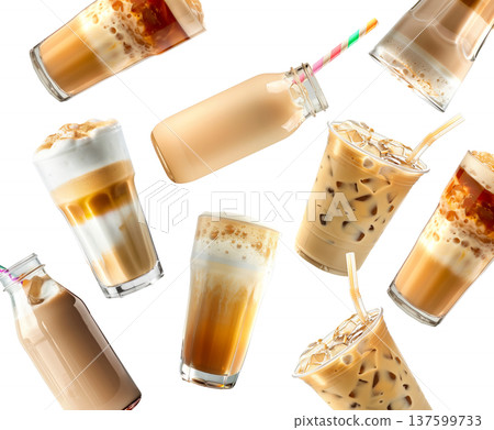 Various iced coffee beverages or tea milk isolated on white background, showing refreshing drink concept idea theme Various iced coffee beverages or tea milk isolated on white background, showing refreshing drink concept idea theme 137599733