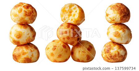 Stack of Brazilian cheesy bread balls with golden crust and holes, isolated on white background, concept of Pao de Queijo food 137599734