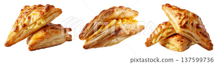 Flaky filled puff pastries pocket with melted cheese oozing out, isolated on white background, concept of Brazil snack Flaky filled puff pastries pocket with melted cheese oozing out, isolated on white background, concept of Brazil snack 137599736