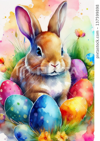 Easter bunny amidst colorful eggs and spring flowers 137599898