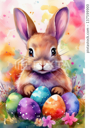 Cute eastern bunny sitting among colorful eggs Cute eastern bunny sitting among colorful eggs 137599900