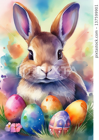 Easter bunny with colorful eggs in watercolor painting Easter bunny with colorful eggs in watercolor painting 137599901