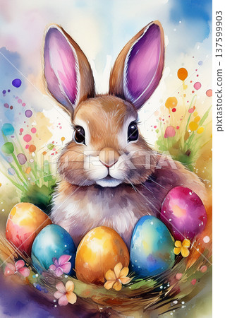 Easter bunny in nest with colorful eggs watercolor Easter bunny in nest with colorful eggs watercolor 137599903