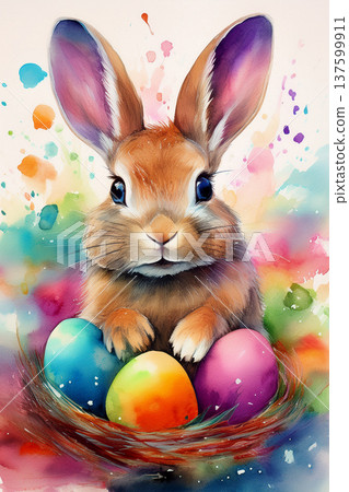 Easter bunny sitting with colorful eggs in nest 137599911