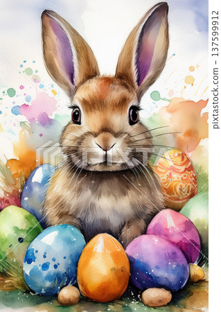 Easter bunny with colorful eggs watercolor illustration Easter bunny with colorful eggs watercolor illustration 137599912