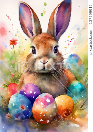 Easter bunny with colorful watercolor eggs and spring flowers Easter bunny with colorful watercolor eggs and spring flowers 137599913