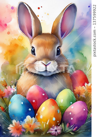 Easter bunny with colorful decorated eggs and flowers 137599922