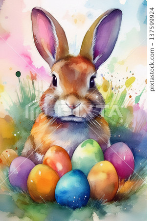 Easter bunny with colorful eggs in watercolor painting 137599924
