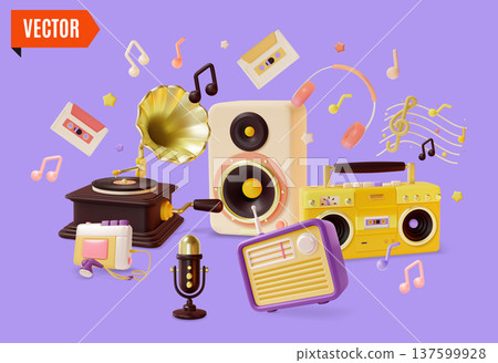 3d Color Retro Music Join Nostalgia Club Concept Background Cartoon Design Style. Vector illustration of Gramophone, Radio and Cassette Player 3d Color Retro Music Join Nostalgia Club Concept Background Cartoon Design Style. Vector illustration of Gramophone, Radio and Cassette Player 137599928