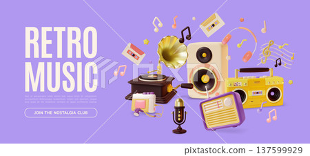3d Retro Music Join Nostalgia Club Concept Ads Banner Poster Card Cartoon Design Style. Vector illustration 3d Retro Music Join Nostalgia Club Concept Ads Banner Poster Card Cartoon Design Style. Vector illustration 137599929