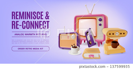 3d Reminisce Reconnect Analog Warmth Returns Order Retro Media Kit Concept Ads Banner Poster Card Cartoon Design Style. Vector illustration 3d Reminisce Reconnect Analog Warmth Returns Order Retro Media Kit Concept Ads Banner Poster Card Cartoon Design Style. Vector illustration 137599935