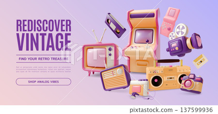 3d Rediscover Vintage Find Your Retro Treasure Shop Analog Vibes Concept Ads Banner Poster Card Cartoon Design Style. Vector illustration 3d Rediscover Vintage Find Your Retro Treasure Shop Analog Vibes Concept Ads Banner Poster Card Cartoon Design Style. Vector illustration 137599936