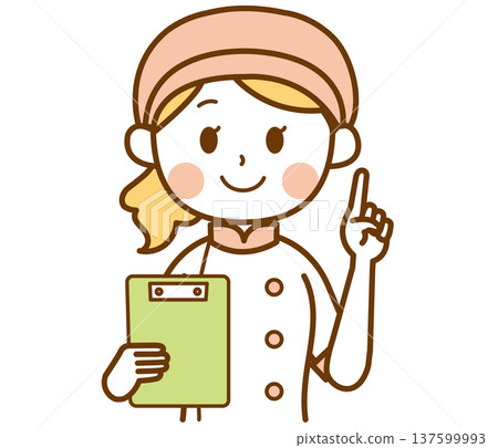 圖解：一位麵包店女員工一邊拿著活頁夾一邊解釋。 137599993