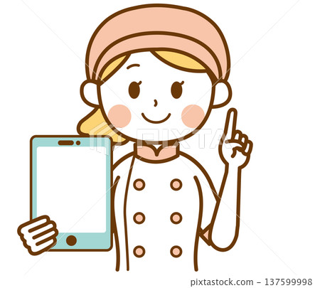 Illustration of a female bakery staff member explaining with a tablet 137599998