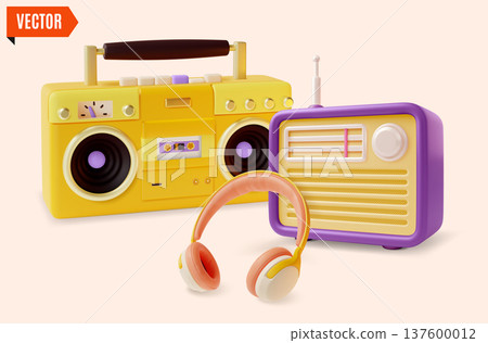 3d Colorful Retro Electronics Analog Device Boombox, Radio and Headphones Concept Cartoon Design Style. Vector illustration 3d Colorful Retro Electronics Analog Device Boombox, Radio and Headphones Concept Cartoon Design Style. Vector illustration 137600012
