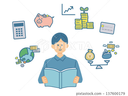 Illustration of a man learning about money 137600179