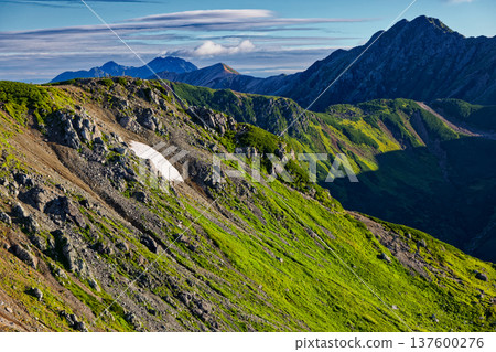 從北阿爾卑斯山脈雙六山的山脊上可以看到三股蓮華岳、翠翔岳、立山和赤牛岳。 從北阿爾卑斯山脈雙六山的山脊上可以看到三股蓮華岳、翠翔岳、立山和赤牛岳。 137600276