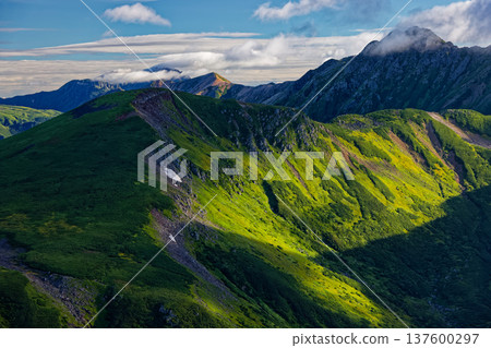 Mount Sofu seen from Mount Mitsumatarenge in the Northern Alps, Mount Suisho and Mount Akaushi with clouds passing by 137600297