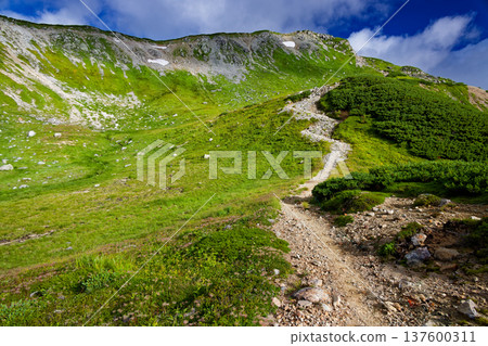 Mount Mitsumatarenge in the Northern Alps seen from the hiking trail inside the cirque Mount Mitsumatarenge in the Northern Alps seen from the hiking trail inside the cirque 137600311