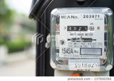Electric measuring power meter for energy cost at home and office. Electric measuring power meter for energy cost at home and office. 137600368