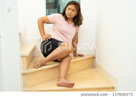 Asian lady woman patient fall down the stairs because slippery surfaces. Asian lady woman patient fall down the stairs because slippery surfaces. 137600373