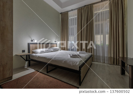 Double Bed in Modern Minimalist Hostel Room with City View Double Bed in Modern Minimalist Hostel Room with City View 137600502