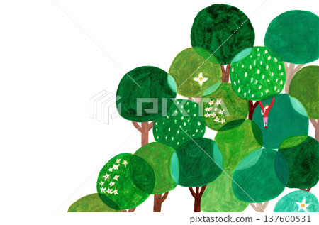 Illustration of a person climbing a tree in the forest and green trees. Natural environment image. 137600531