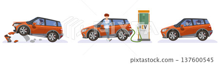 Separate layer group of three forms of luxury cross over hatchback car orange color. One crashed into a rock. Two electric cars with driving. Adn three family travel. On isolated white background. Separate layer group of three forms of luxury cross over hatchback car orange color. One crashed into a rock. Two electric cars with driving. Adn three family travel. On isolated white background. 137600545