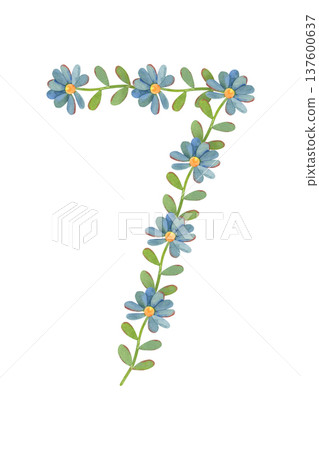 Number seven made of small blue flat flowers, watercolor isolated on white background. Perfect for birthday invitations, anniversary designs, baby milestones, greeting cards, posters, festive branding 137600637