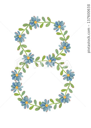 Number eight made of small blue flat flowers, watercolor isolated on white background. Perfect for birthday invitations, anniversary designs, baby milestones, greeting cards, posters, festive branding Number eight made of small blue flat flowers, watercolor isolated on white background. Perfect for birthday invitations, anniversary designs, baby milestones, greeting cards, posters, festive branding 137600638