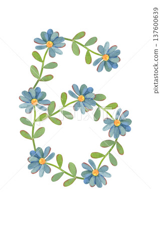 Number six made of small blue flat flowers, watercolor isolated on white background. Perfect for birthday invitations, anniversary designs, baby milestones, greeting cards, posters, festive branding 137600639