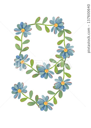 Number nine made of small blue flat flowers, watercolor isolated on white background. Perfect for birthday invitations, anniversary designs, baby milestones, greeting cards, posters, festive branding 137600640