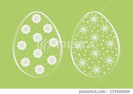 Outline Easter Eggs with floral and polka dots decor Sticker Icon Minimalistic Flat design Handdrawn. Vector illustration Easter Holidays design elements Greetings Thematic cards or media post, banner 137600694