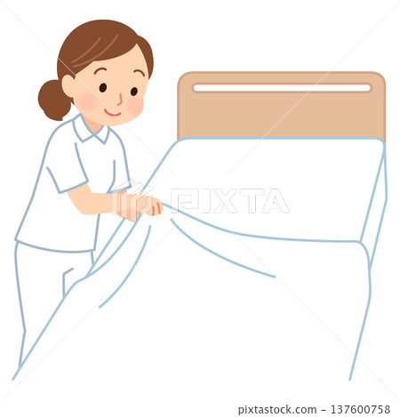 Female caregiver changing sheets, nurse, caregiver Female caregiver changing sheets, nurse, caregiver 137600758