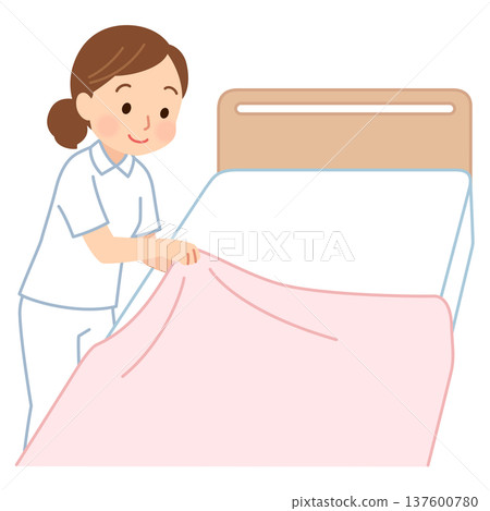 Female caregiver changing sheets, nurse, caregiver Female caregiver changing sheets, nurse, caregiver 137600780