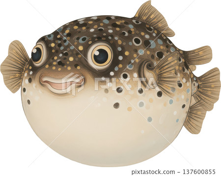 一幅可愛的河豚插圖，河豚是一種長著圓點的海洋生物，它面帶微笑，身上點綴著小圓點。 137600855