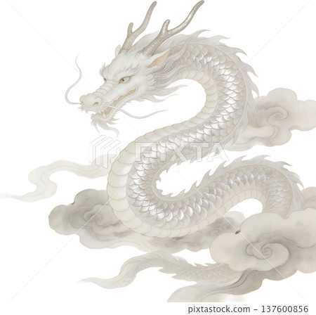 一幅精美的日式插畫,描繪了神聖的白龍和吉祥的雲朵翩翩起舞。 一幅精美的日式插畫,描繪了神聖的白龍和吉祥的雲朵翩翩起舞。 137600856