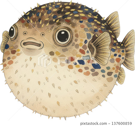 一幅帶有彩色斑點和金色棘刺的河豚插圖 137600859