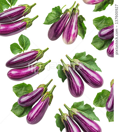 Multiple striped eggplants with glossy skins and green leaves isolated on white background Multiple striped eggplants with glossy skins and green leaves isolated on white background 137600927