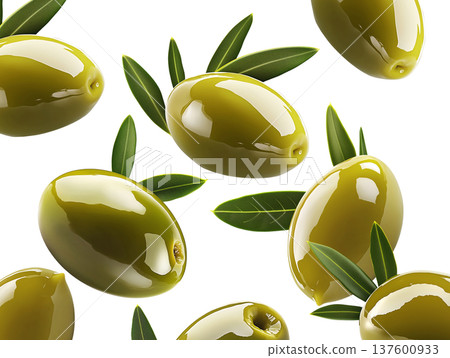 Shiny green olives with natural leaves in seamless pattern isolated on white background, freshness and Mediterranean cuisine 137600933