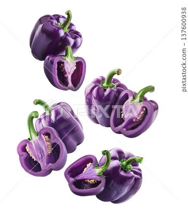 Multiple purple bell peppers arranged in a seamless, isolated on white background, concept of healthy food and vegetables Multiple purple bell peppers arranged in a seamless, isolated on white background, concept of healthy food and vegetables 137600938