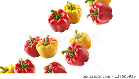 Fresh red and yellow bell peppers arranged in seamless pattern isolated on white background, concept of food and cooking Fresh red and yellow bell peppers arranged in seamless pattern isolated on white background, concept of food and cooking 137600939