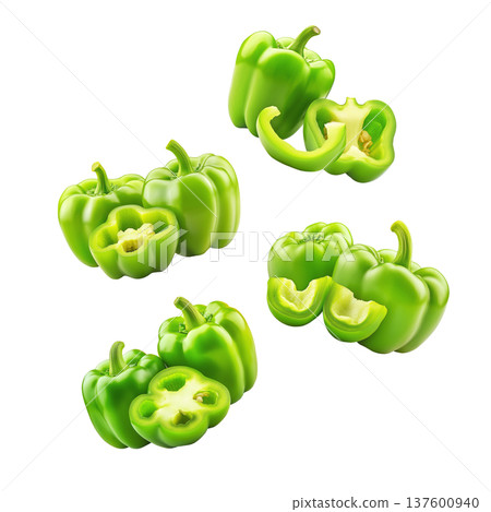 Multiple green bell peppers floating and rotated in various angles isolated on white background, concept of freshness 137600940