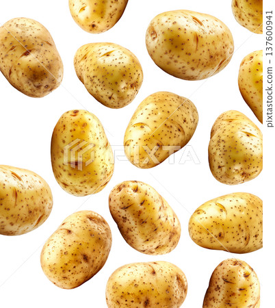 Fresh raw potatoes with skin, scattered and isolated on white background, concept of organic food ingredients 137600941