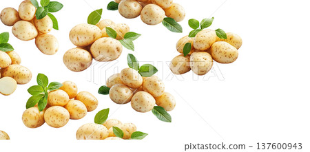 Multiple clusters of fresh raw potatoes with green leaves isolated on a white background, organic food and harvest concept 137600943