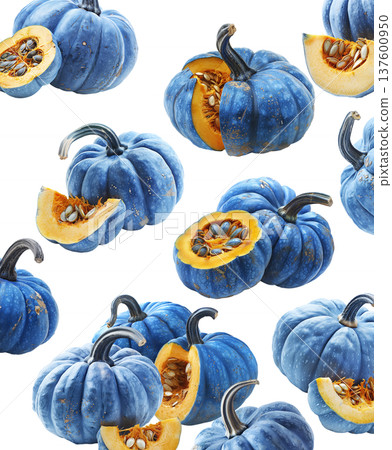Set of blue pumpkins with orange speckles, isolated on white background. Concept of unique autumn harvest decoration Set of blue pumpkins with orange speckles, isolated on white background. Concept of unique autumn harvest decoration 137600950