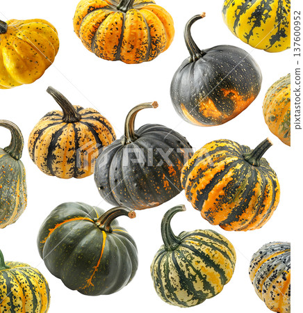 Various decorative gourds and pumpkins in bright yellow, green, and orange tones isolated on a white background, autumn harvest Various decorative gourds and pumpkins in bright yellow, green, and orange tones isolated on a white background, autumn harvest 137600952