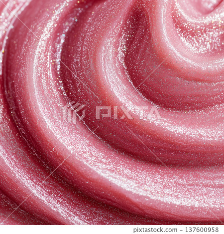 Close-up of shimmering pink glossy swirl in smooth texture of pink body cream on soft background, symbolizing beauty and elegance Close-up of shimmering pink glossy swirl in smooth texture of pink body cream on soft background, symbolizing beauty and elegance 137600958