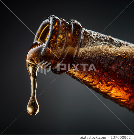 Closeup of soda bottle pouring amber stout beer slowly coming out of the opening of the bottle on dark background Closeup of soda bottle pouring amber stout beer slowly coming out of the opening of the bottle on dark background 137600962