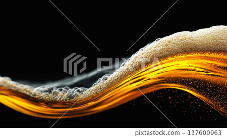 Golden foamy liquid splash and golden beer wave with frothy bubbles on dark background, concept of freshness, energy and vitality Golden foamy liquid splash and golden beer wave with frothy bubbles on dark background, concept of freshness, energy and vitality 137600963